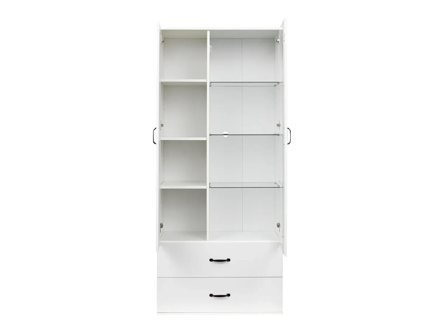 Vitrine com luzes LED de 16 cores, 2 gavetas e 2 portas, branca.