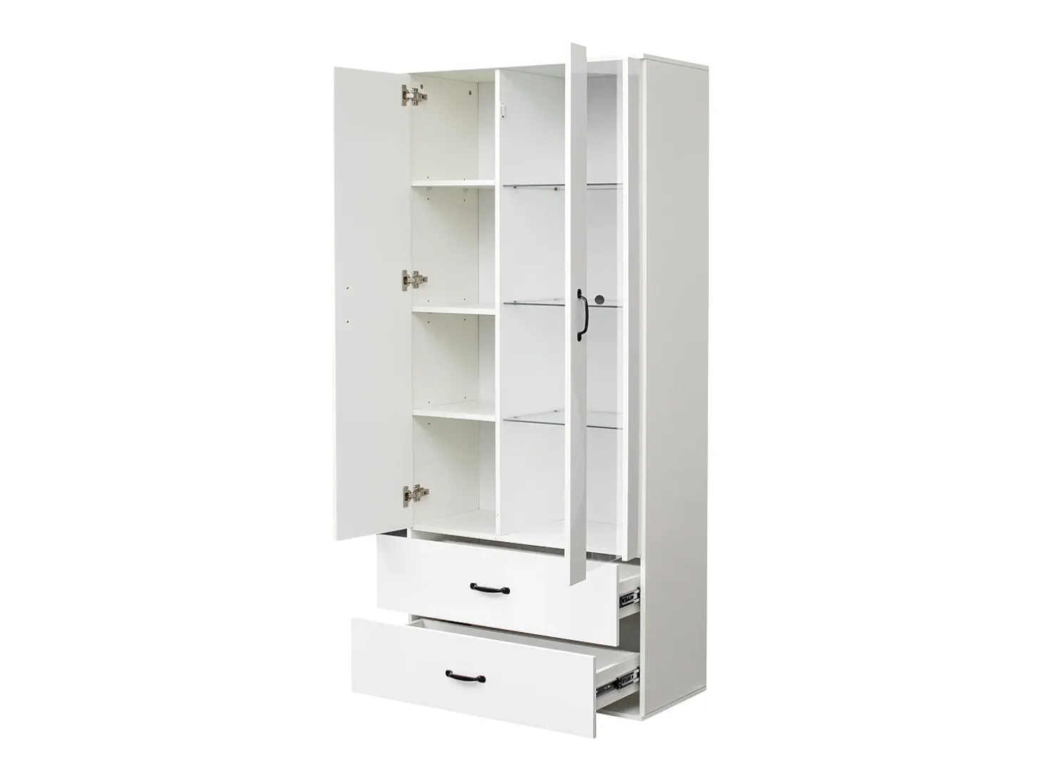 Vitrine com luzes LED de 16 cores, 2 gavetas e 2 portas, branca.