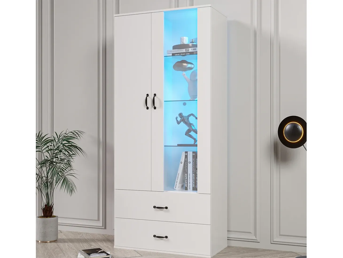 Vitrine com luzes LED de 16 cores, 2 gavetas e 2 portas, branca.