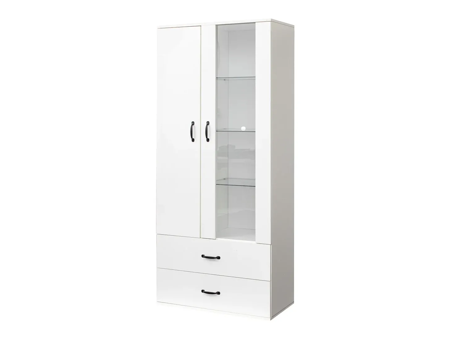 Vitrine com luzes LED de 16 cores, 2 gavetas e 2 portas, branca.