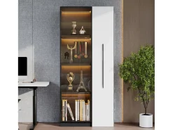 Vitrine com porta de vidro e LEDs - 70 x 40 x 160 cm - com prateleira lateral deslizante - MDF - preto e branco