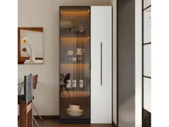 Vitrine com porta de vidro e LEDs - 70 x 40 x 160 cm - com prateleira lateral deslizante - MDF - preto e branco