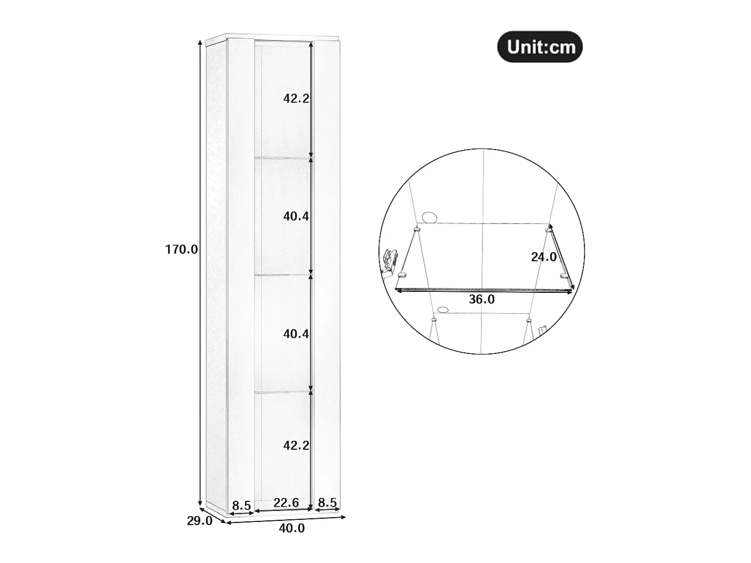 Vitrine com porta em acrílico e iluminação LED - prateleiras em vidro - Branco 40 x 29 x 170 cm