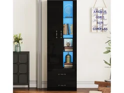 Vitrine com porta transparente - 60 x 35 x 182,5 cm - com LEDs + 2 portas + 2 gavetas - aglomerado - preto