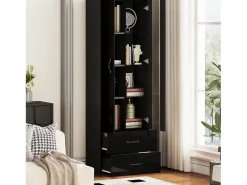 Vitrine com porta transparente - 60 x 35 x 182,5 cm - com LEDs + 2 portas + 2 gavetas - aglomerado - preto