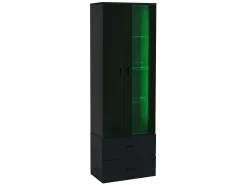 Vitrine com porta transparente - 60 x 35 x 182,5 cm - com LEDs + 2 portas + 2 gavetas - aglomerado - preto