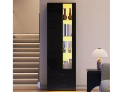 Vitrine com porta transparente - 60 x 35 x 182,5 cm - com LEDs + 2 portas + 2 gavetas - aglomerado - preto