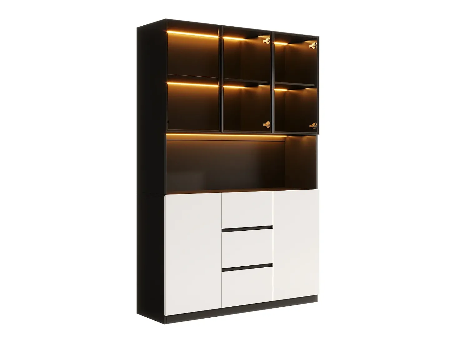 Vitrine con iluminação LED - 120×40×200 cm - 3 gavetas e 5 portas - Prateleiras abertas - MDF + vidro - Branco+preto