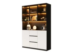 Vitrine con iluminação LED - 120×40×200 cm - 3 gavetas e 5 portas - Prateleiras abertas - MDF + vidro - Branco+preto