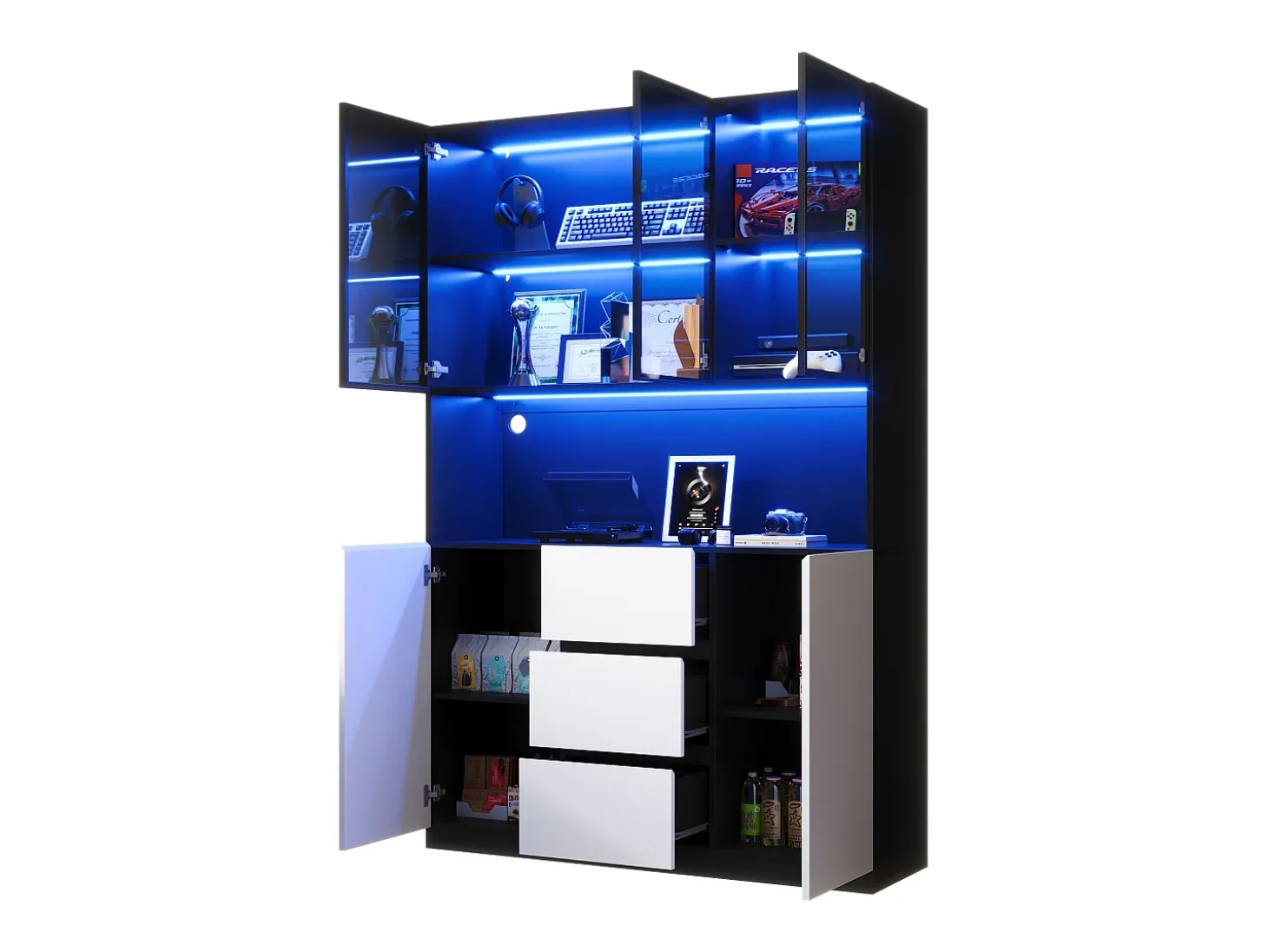 Vitrine con iluminação LED - 120×40×200 cm - 3 gavetas e 5 portas - Prateleiras abertas - MDF + vidro - Branco+preto