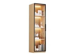 Vitrine con porta de vidro 40x40x165 cm - Iluminação LED - 1 porta de vidro temperado - Folheado de carvalho - MDF - Natural