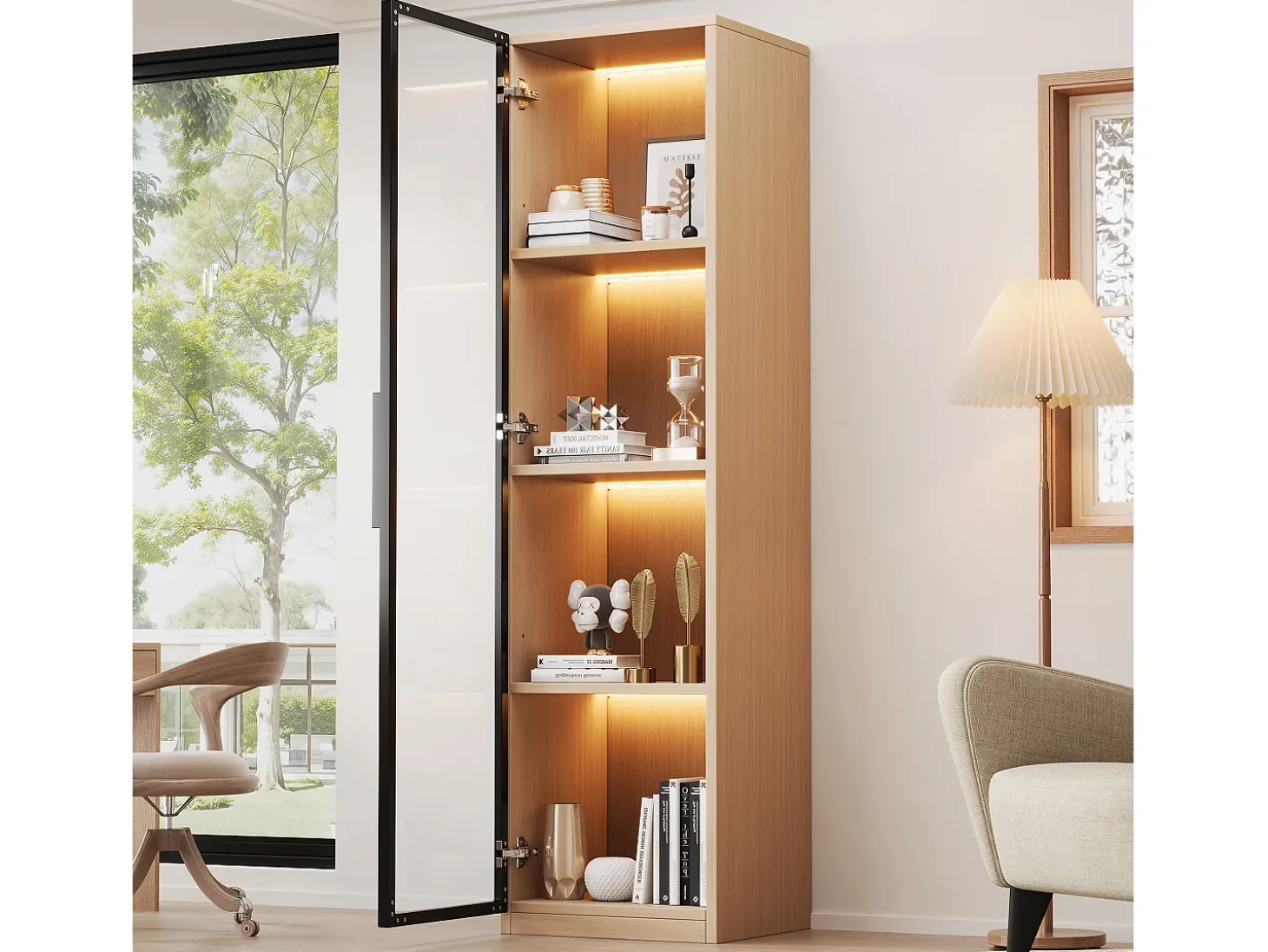 Vitrine con porta de vidro 40x40x165 cm - Iluminação LED - 1 porta de vidro temperado - Folheado de carvalho - MDF - Natural