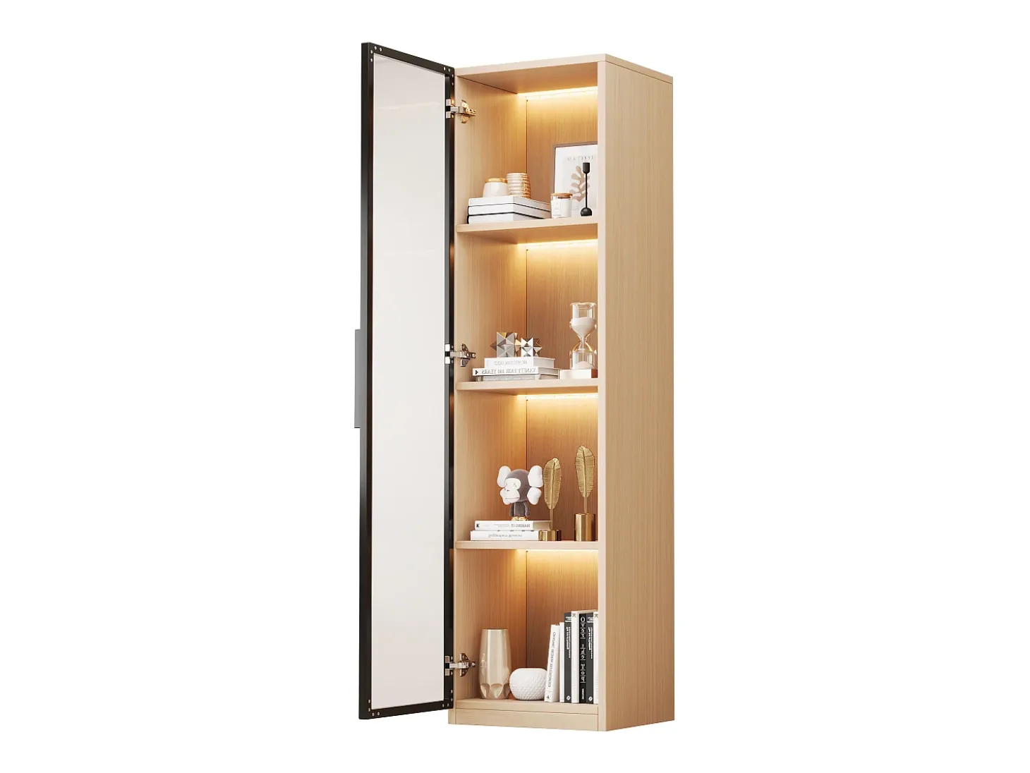 Vitrine con porta de vidro 40x40x165 cm - Iluminação LED - 1 porta de vidro temperado - Folheado de carvalho - MDF - Natural