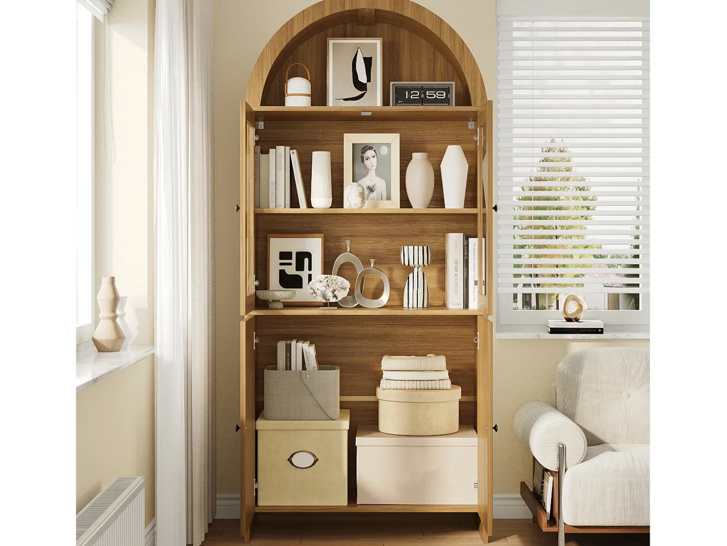 Vitrine curva 78x40x176 cm - 4 portas - Vitrine de vidro - Painéis de partículas - Natural