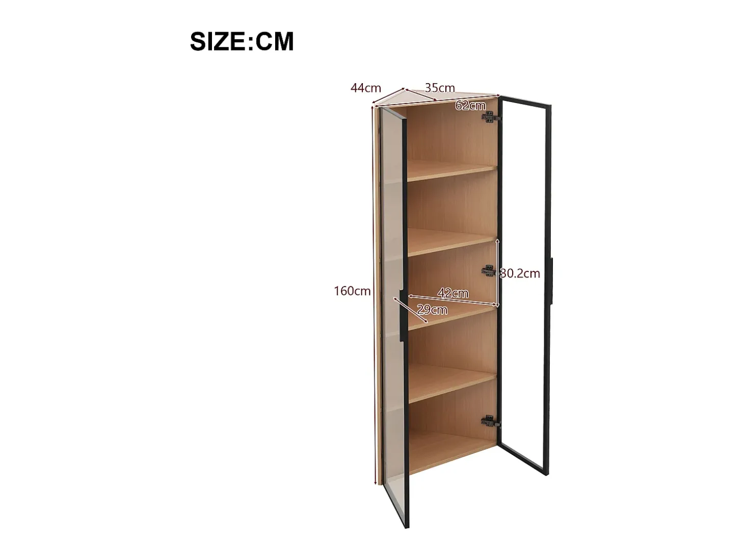 Vitrine de canto 62×35×160 cm - com iluminação LED - 2 portas de vidro - natural