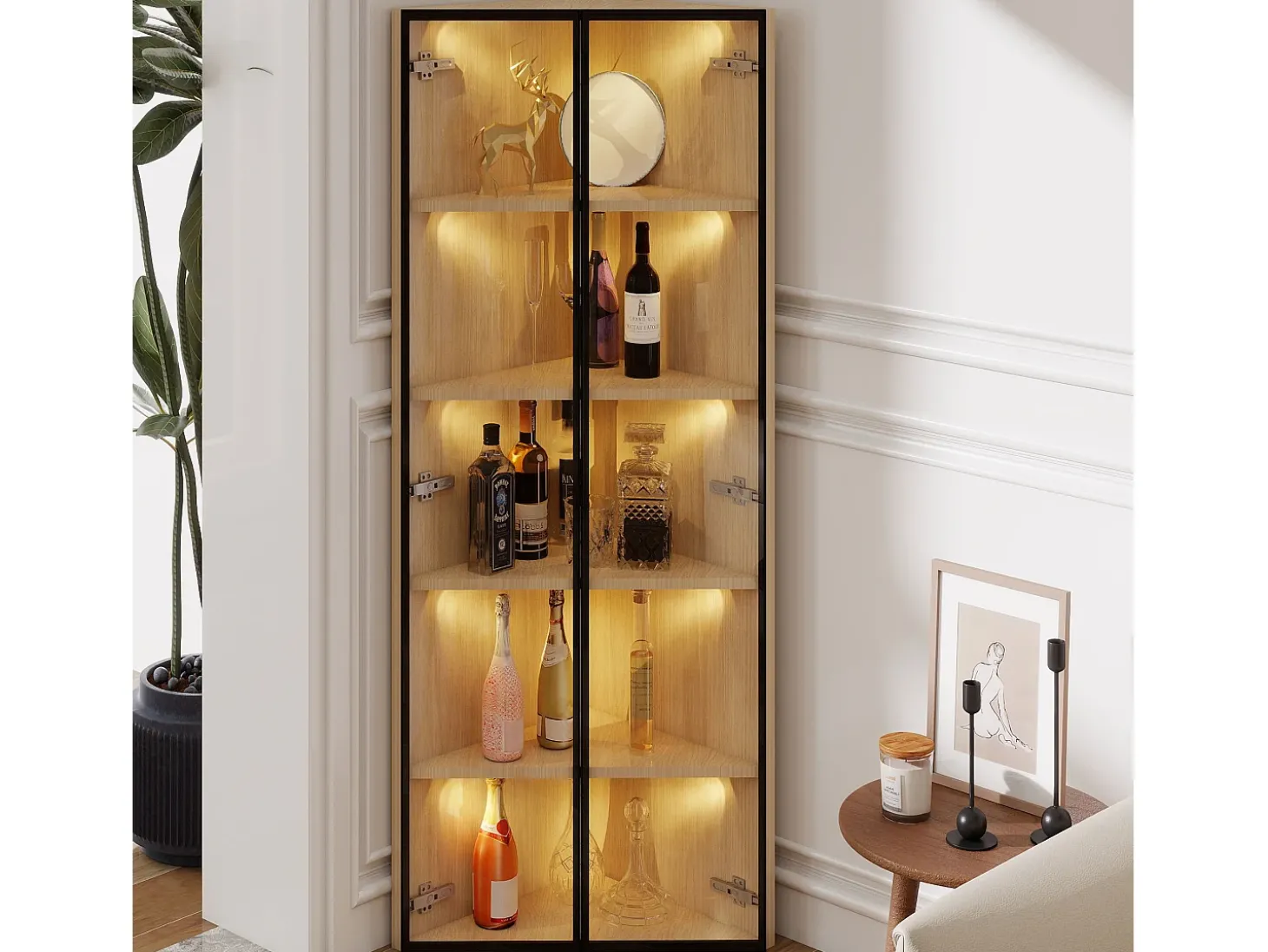 Vitrine de canto 62×35×160 cm - com iluminação LED - 2 portas de vidro - natural