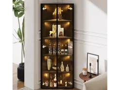 Vitrine de canto em vidro temperado - 62 x 35 x 160 cm - com LEDs + tampa à prova de poeira + 2 portas - MDF + vidro - preta