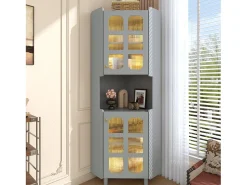 Vitrine de canto laqueada - 63,5 x 45 x 157,5 cm - com LEDs + 2 portas + prateleira - MDF - cinza