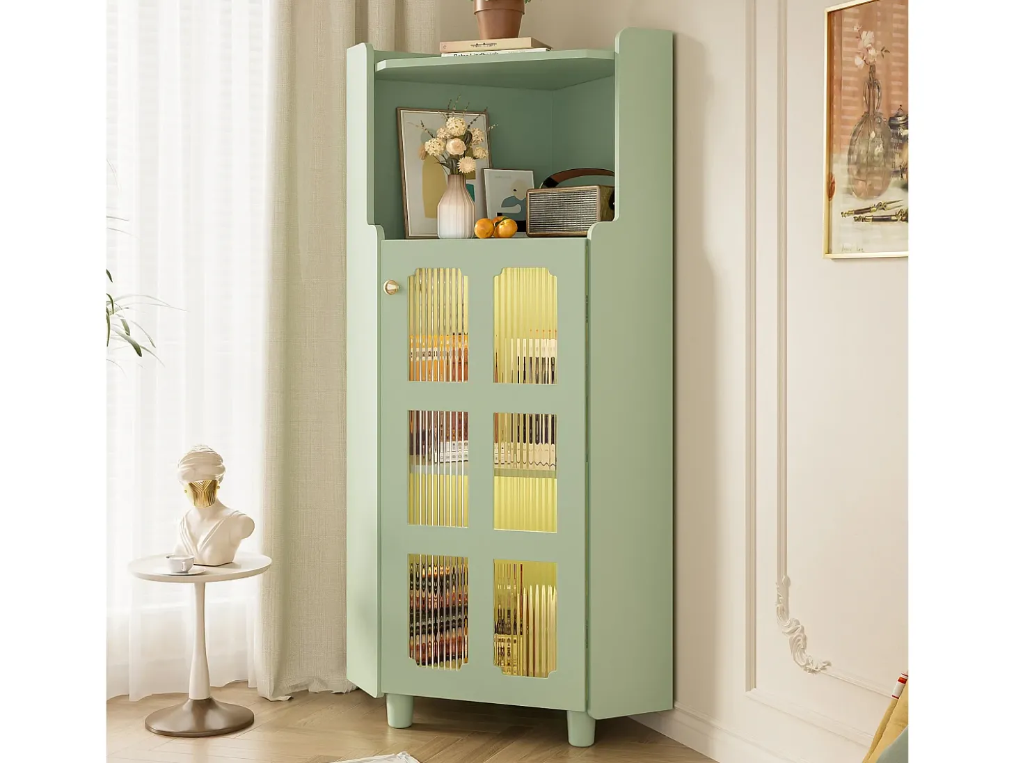 Vitrine de canto verde com iluminação LED e 2 portas de vidro - Madeira MDF