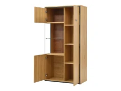 Vitrine de cor natural com 3 portas, iluminação LED e prateleiras em vidro, MDF