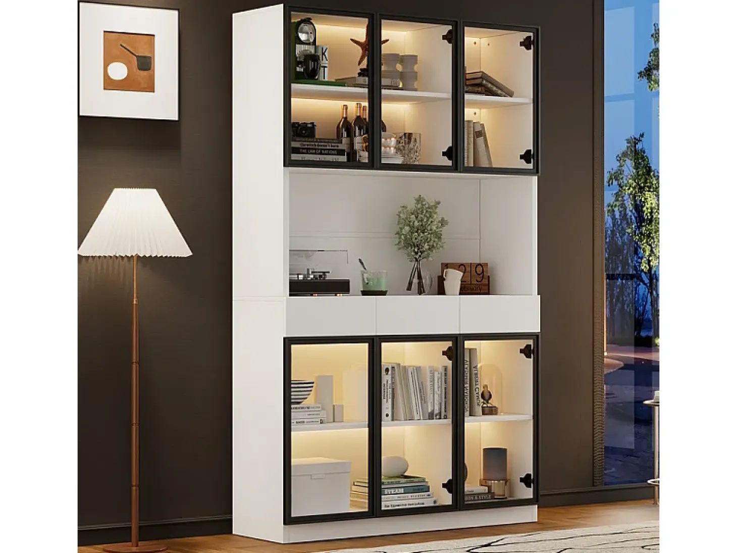 Vitrine de Parede - 6 Portas de Vidro + 3 Gavetas - com LED RGB - Painel Partículas 120x36x200cm