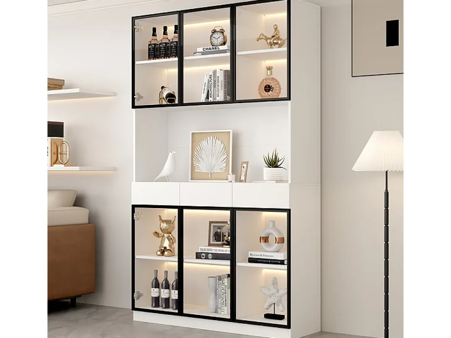 Vitrine de Parede - 6 Portas de Vidro + 3 Gavetas - com LED RGB - Painel Partículas 120x36x200cm