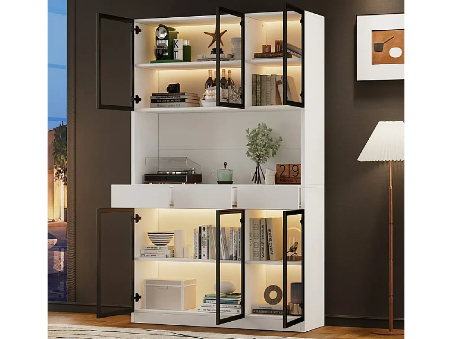 Vitrine de Parede - 6 Portas de Vidro + 3 Gavetas - com LED RGB - Painel Partículas 120x36x200cm