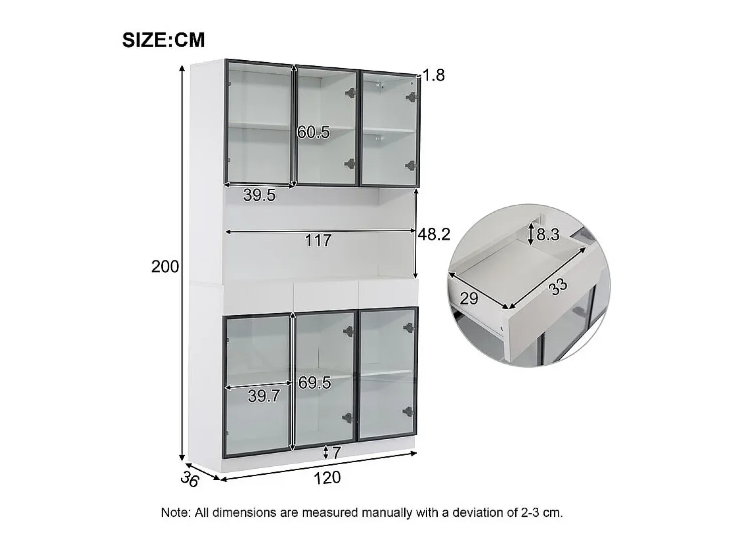Vitrine de Parede - 6 Portas de Vidro + 3 Gavetas - com LED RGB - Painel Partículas 120x36x200cm