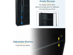 Vitrine de vidro - 80 x 40 x 160 cm - com LEDs + 2 portas de armazenamento com prateleiras móveis - aglomerado - preto