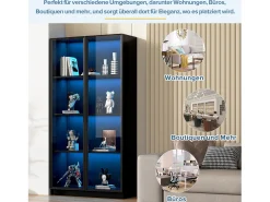 Vitrine de vidro - 80 x 40 x 160 cm - com LEDs + 2 portas de armazenamento com prateleiras móveis - aglomerado - preto