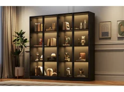 Vitrine de vidro - 160 x 40 x 160 cm - com LEDs - Armazenamento de 4 portas com prateleiras móveis - aglomerado - preto