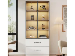 Vitrine de vidro - 60 x 40 x 160 cm - com LEDs + 3 gavetas + portas de vidro temperado - aglomerado - branca