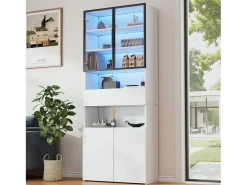 Vitrine de vidro - 70 x 30 x 200 cm - com 1 gaveta + 2 portas de vidro + LEDs - aglomerado - branco