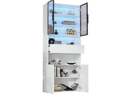 Vitrine de vidro - 70 x 30 x 200 cm - com 1 gaveta + 2 portas de vidro + LEDs - aglomerado - branco