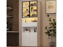 Vitrine de vidro - 70 x 30 x 200 cm - com 1 gaveta + 2 portas de vidro + LEDs - aglomerado - branco