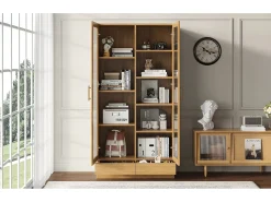 Vitrine de vidro - 80 x 40 x 160 cm - prateleiras deslocadas - com 2 gavetas - MDF - natural