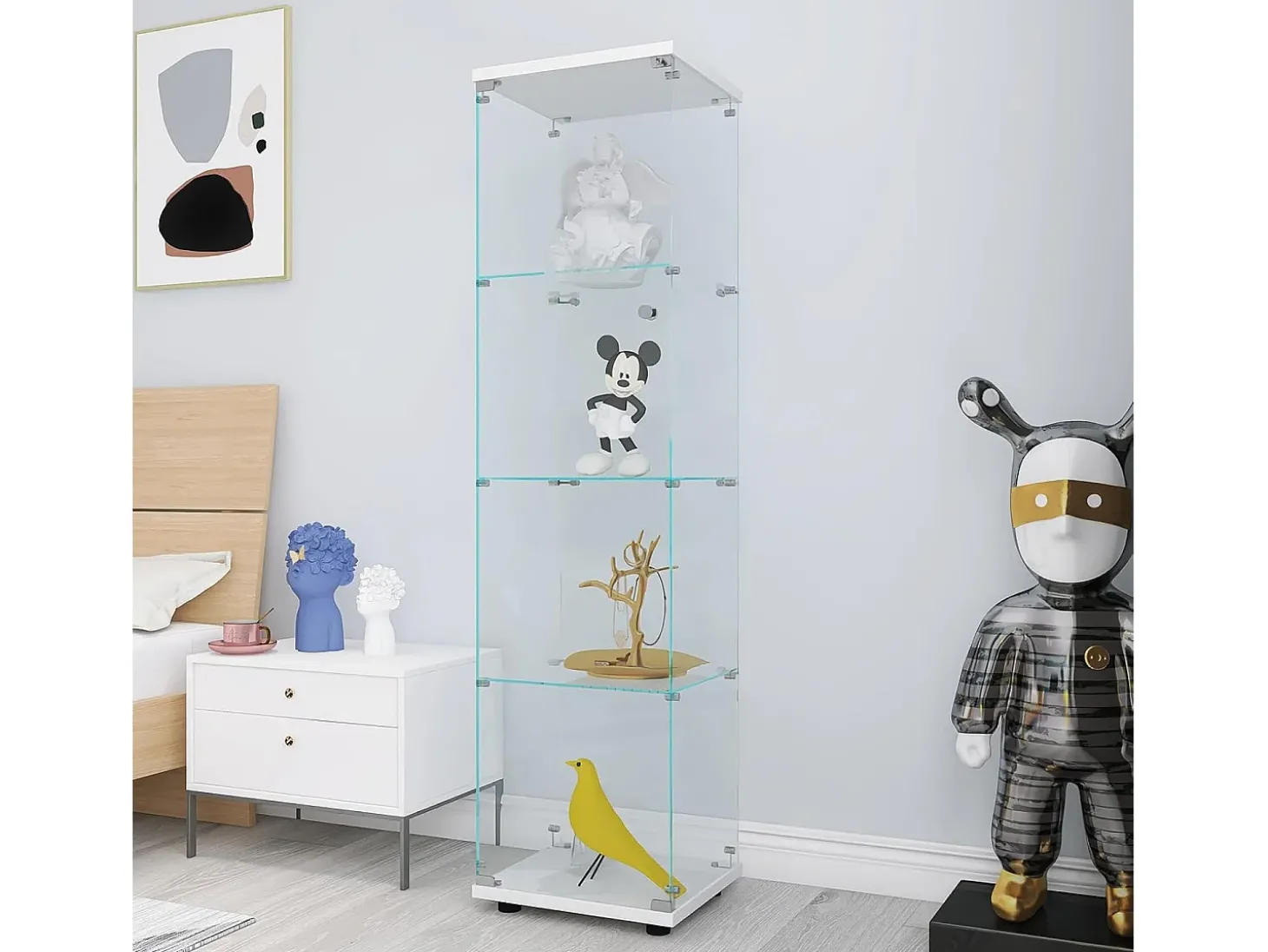Vitrine de vidro 164 cm – 4 prateleiras, 1 porta com fechadura, Móvel de arrumação moderno, Branco