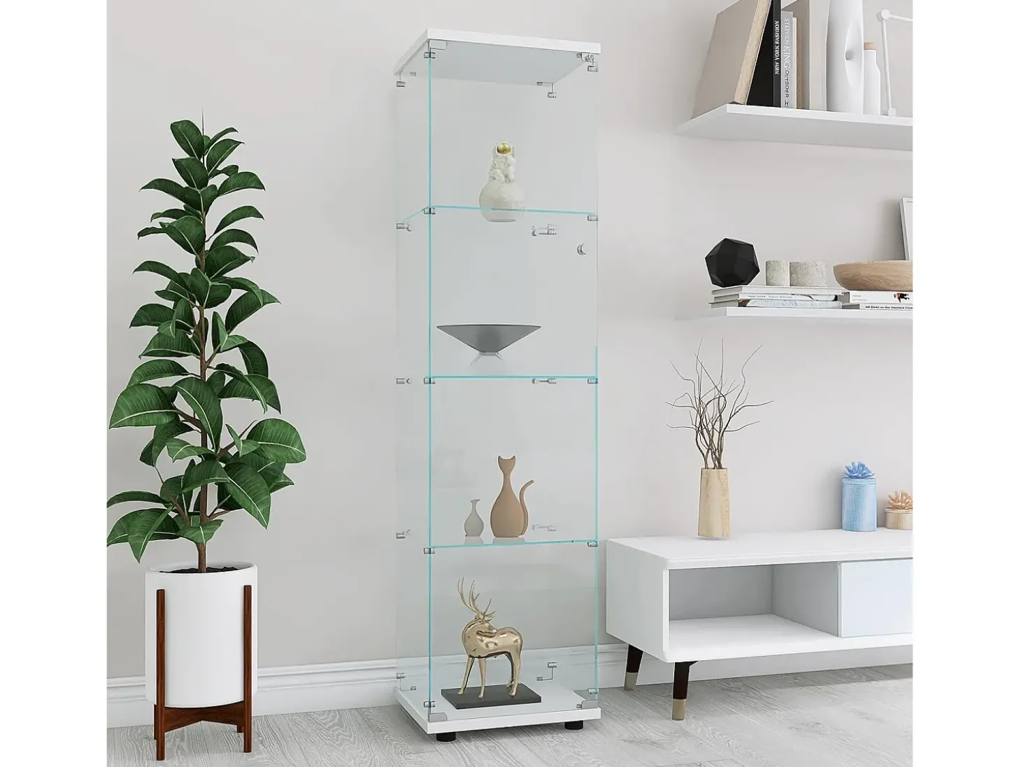 Vitrine de vidro 164 cm – 4 prateleiras, 1 porta com fechadura, Móvel de arrumação moderno, Branco