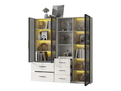 Vitrine de vidro à prova de poeira - 140 x 40 x 160 cm - com compartimentos de vidro e abertos + LEDs - aglomerado - branca