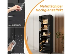 Vitrine de Vidro Brilhante - 60 x 180 x 35 cm - com LEDs - Vitrine Vertical com 3 Gavetas - MDF - Preto