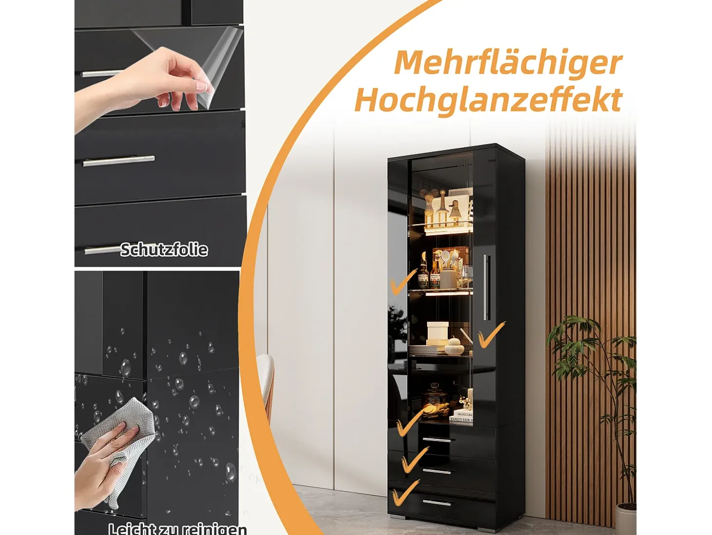 Vitrine de Vidro Brilhante - 60 x 180 x 35 cm - com LEDs - Vitrine Vertical com 3 Gavetas - MDF - Preto