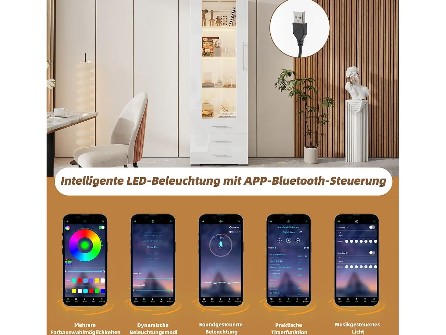 Vitrine de Vidro Brilhante - 60 x 180 x 35 cm - com LEDs - Vitrine Vertical com 3 Gavetas - MDF - Branco