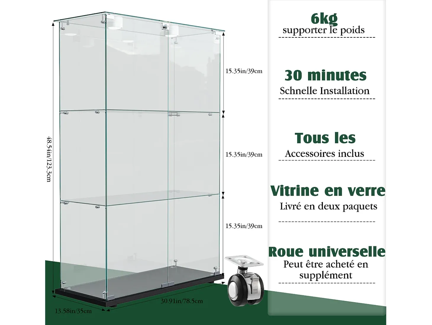Vitrine de vidro com 4 prateleiras e portas duplas – Móveis elegantes para sala de estar