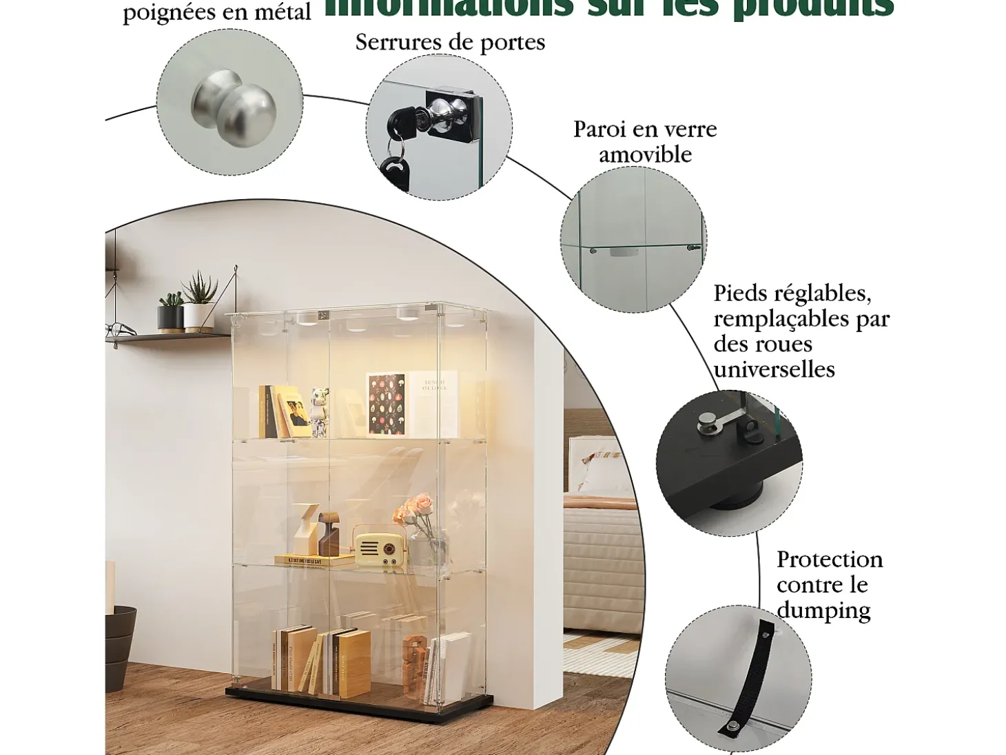 Vitrine de vidro com 4 prateleiras e portas duplas – Móveis elegantes para sala de estar
