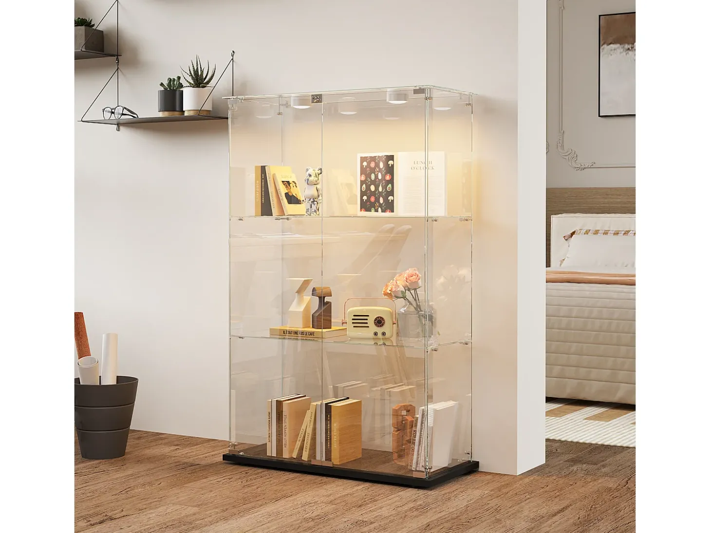 Vitrine de vidro com 4 prateleiras e portas duplas – Móveis elegantes para sala de estar