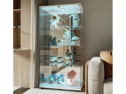 Vitrine de vidro com 4 prateleiras, vitrine de 2 portas com luz e fechadura, branca