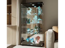 Vitrine de vidro com 4 prateleiras, vitrine de 2 portas com luz e fechadura, preta