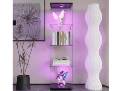 Vitrine de vidro com 4 prateleiras, LED, 1 porta, 164x42x36 cm, armário de coleta, preto, transparente