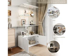 Vitrine de vidro com 3 prateleiras, armários e iluminação LED - Design moderno, Branco