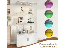 Vitrine de vidro com 3 prateleiras, armários e iluminação LED - Design moderno, Branco